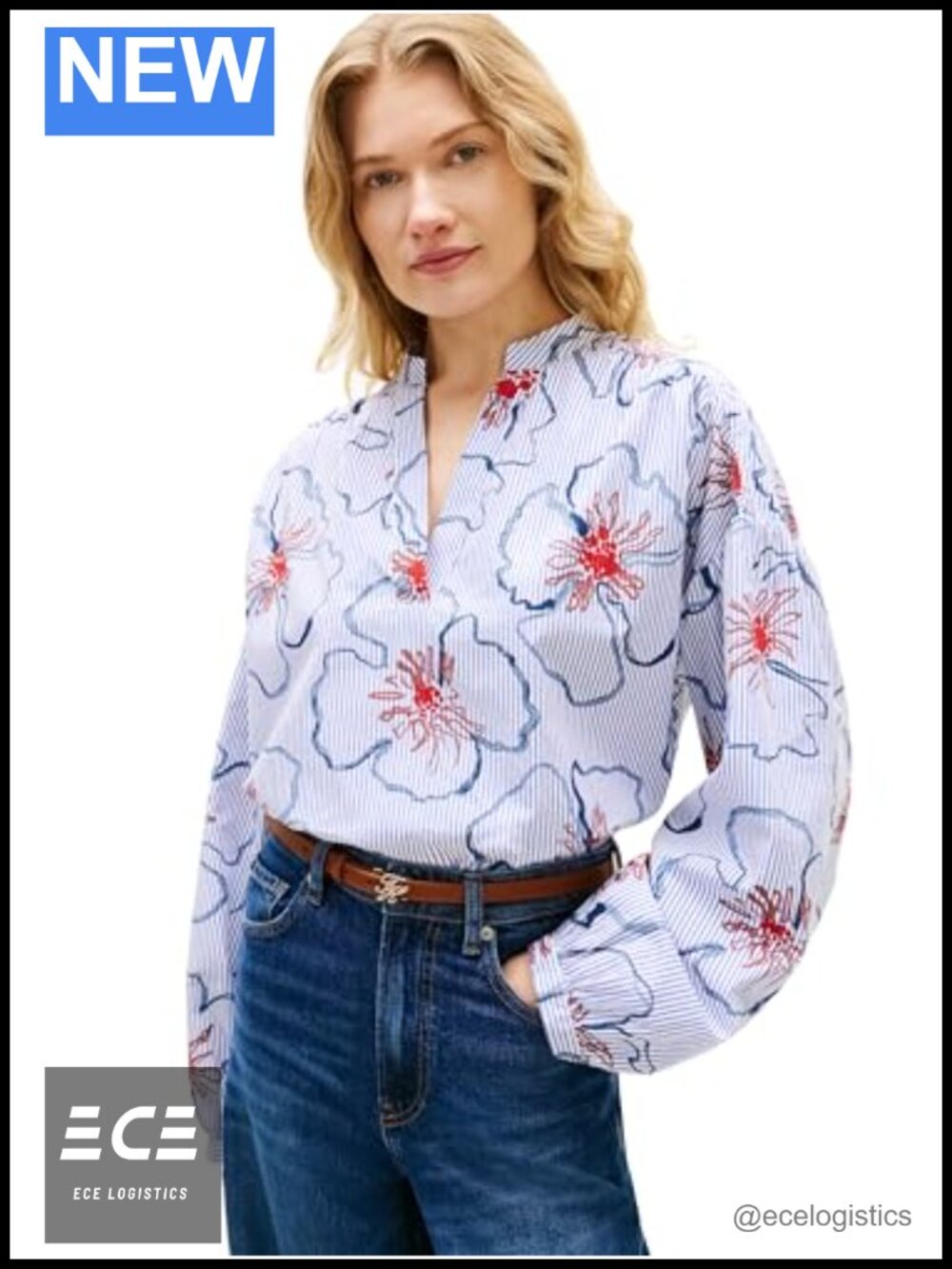 Lightweight Cotton Poplin V-Neck Collarless Blouse Long Sleeve